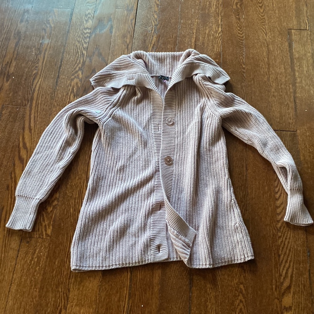Talbots Taupe Ribbed Button Front Hooded Cardigan Sweater SIZE S